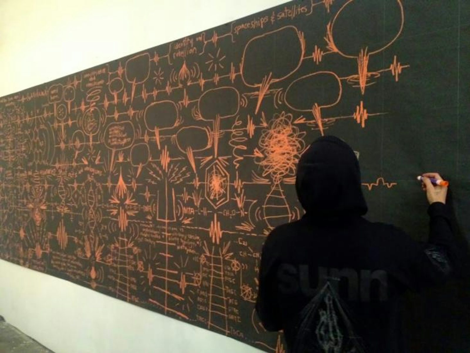 1. EKG. The artist draws at Pandemic gallery, 2013. Courtesy of the gallery.