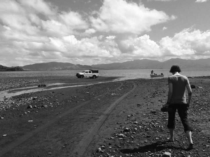 Sharon Jones walking to boat hero b+w