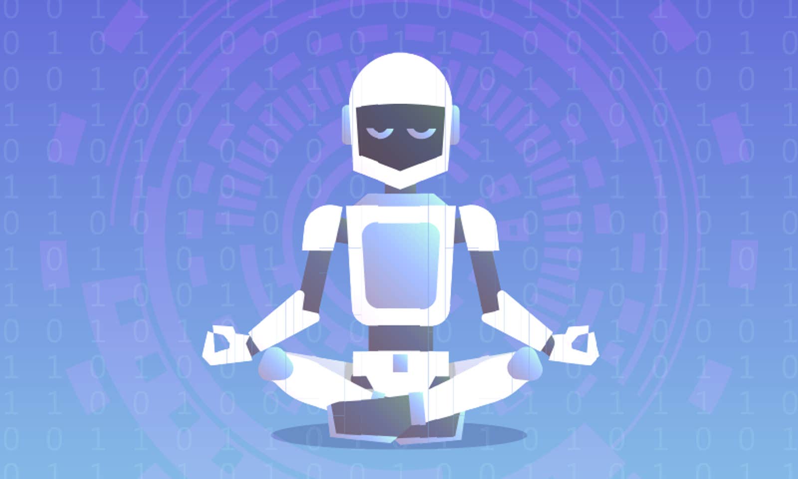 An AI robot sits crosslegged in a yoga pose