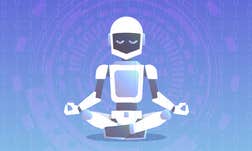 An AI robot sits crosslegged in a yoga pose