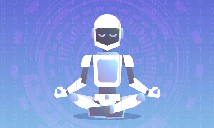 An AI robot sits crosslegged in a yoga pose