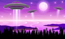 An illustration of several cartoon UFOs soaring through the sky.
