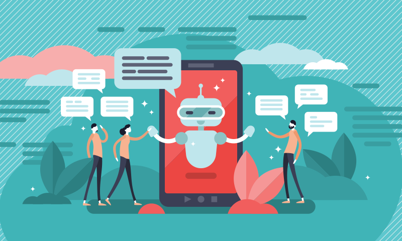 An illustration chatbot reaches out to several humans.