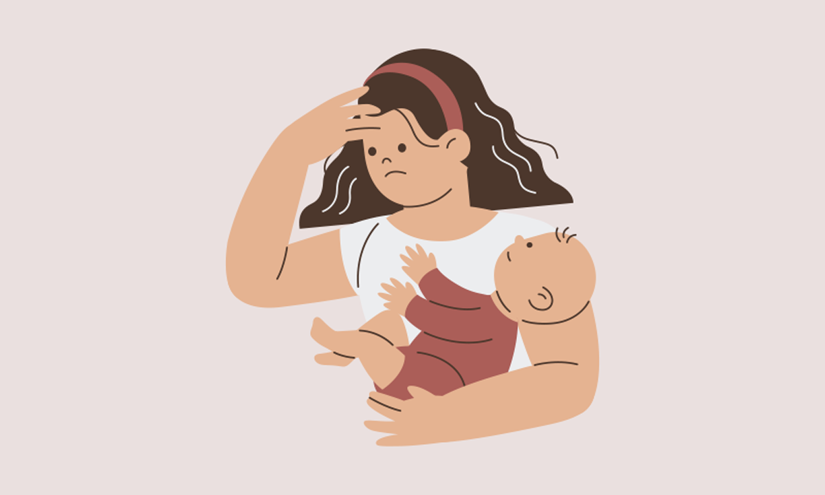 Illustration of a stressed out mother holding a baby.