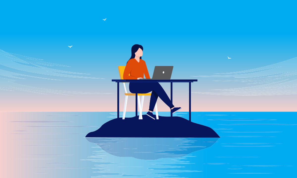 An illustration of a woman sitting alone at a desk, floating in the ocean.