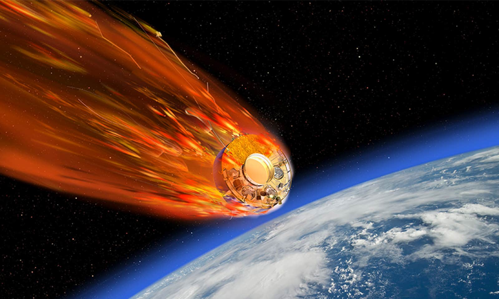 An illustration showing a chunk of space garbage hurtling toward Earth.