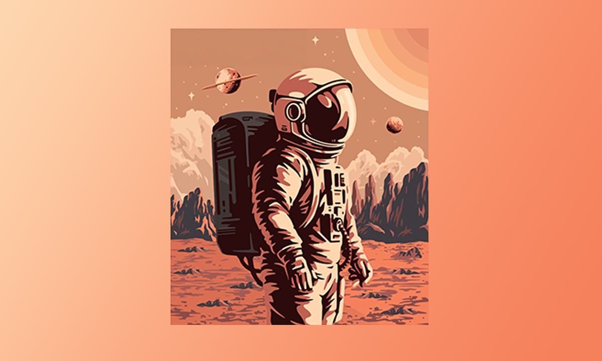 An illustration of an astronaut on an alien planet.
