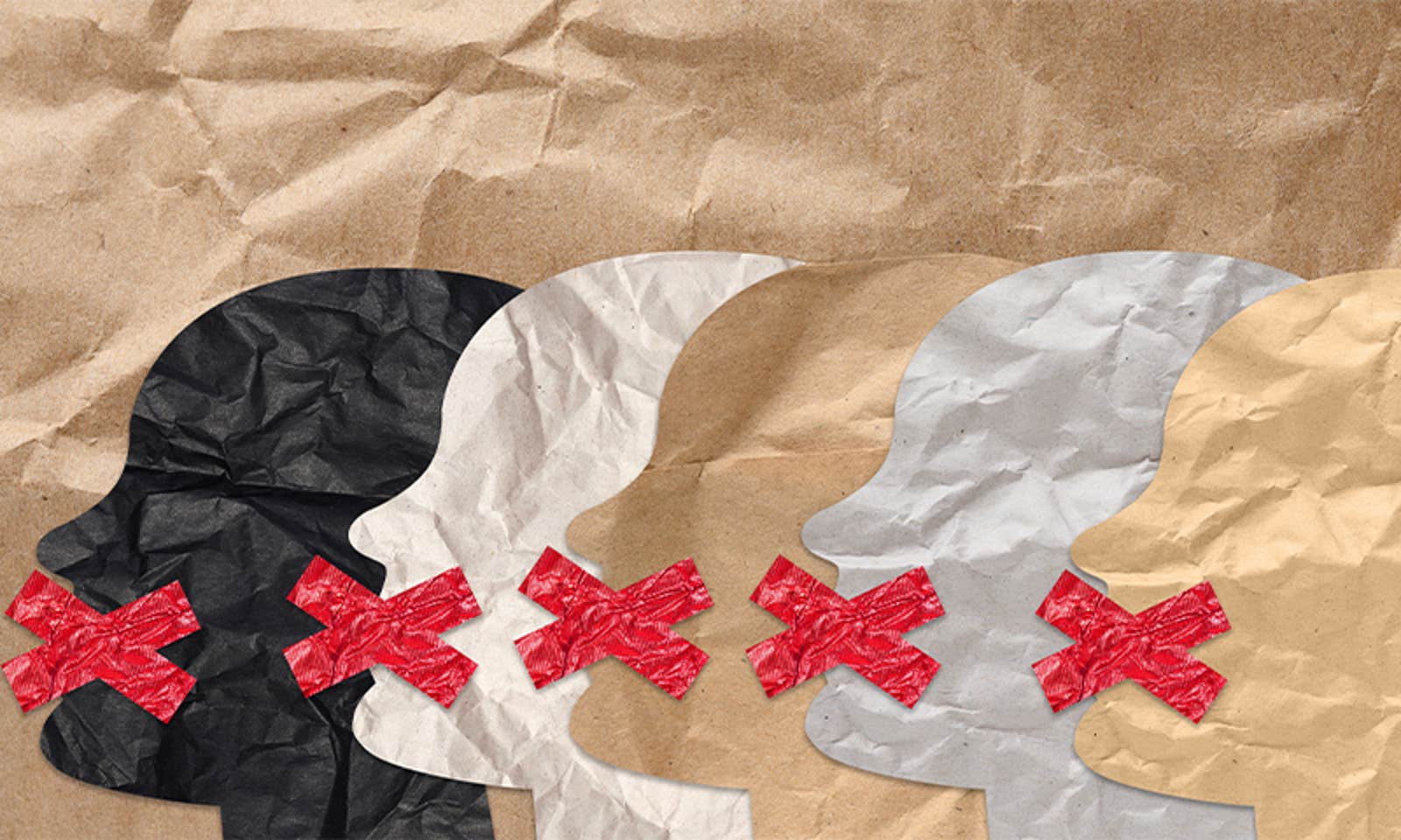 Illustration showing paper heads in skin-tone colors, all with their mouths taped over with red tape.